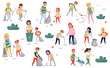 © Happypictures - Volunteers gathering garbage and plastic waste for recycling set, parents and children taking part in garbage collection, environmental protection and education concept vector Illustrations