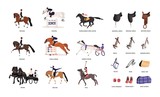 Fototapeta Pokój dzieciecy - Collection of various horse gaits and tools for horseback riding or equestrianism isolated on white background. Beautiful competitive sport. Colorful vector illustration in flat cartoon style.