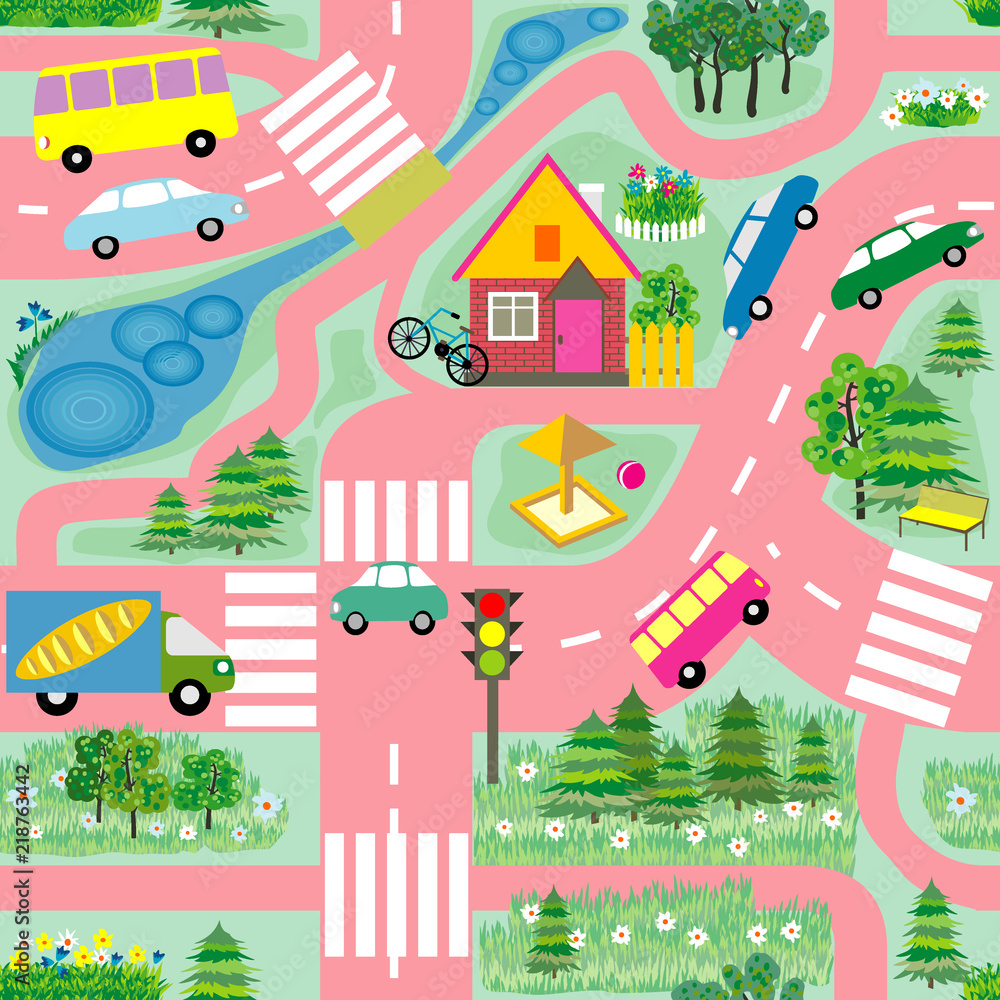 Vector de Stock Seamless texture simulating a map with roads, cars ...