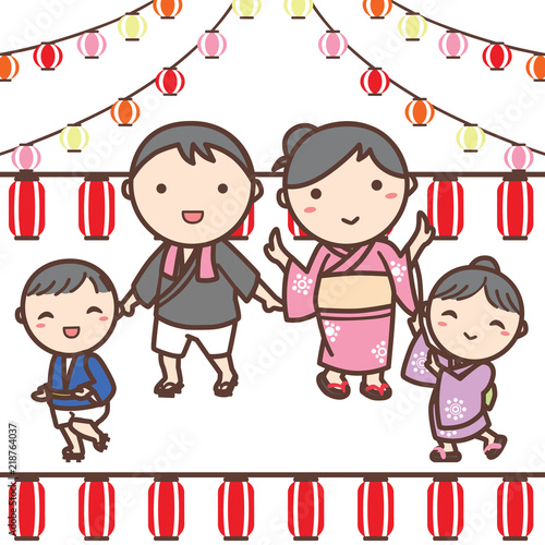 夏祭りで踊る浴衣を着た家族のイラスト Buy This Stock Illustration