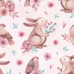 Wall Mural - Watercolor illustrations of birds and rabbits. Seamless pattern