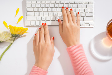 Women's hands on a computer keyboard close up - typing