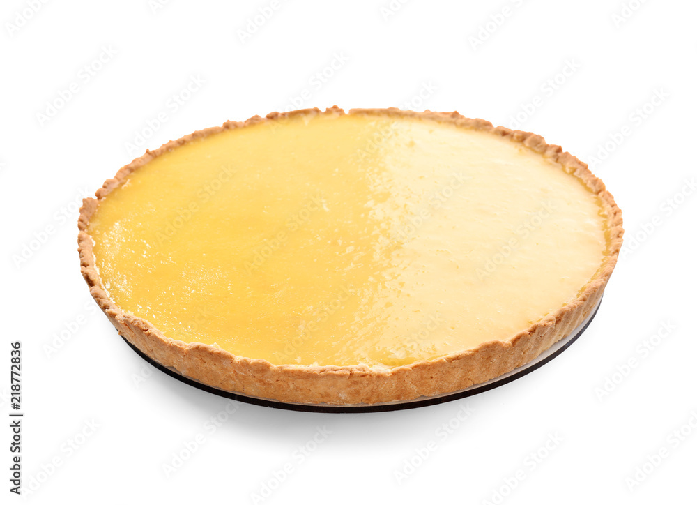 Tasty lemon pie on white background
