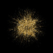 Golden glitter particles splatter or gold glittery dust splash explosion. Vector abstract sparkling firework or glittering powder on black background