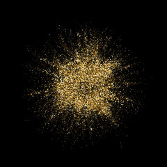 Fototapete - Golden glitter particles splatter or gold glittery dust splash explosion. Vector abstract sparkling firework or glittering powder on black background