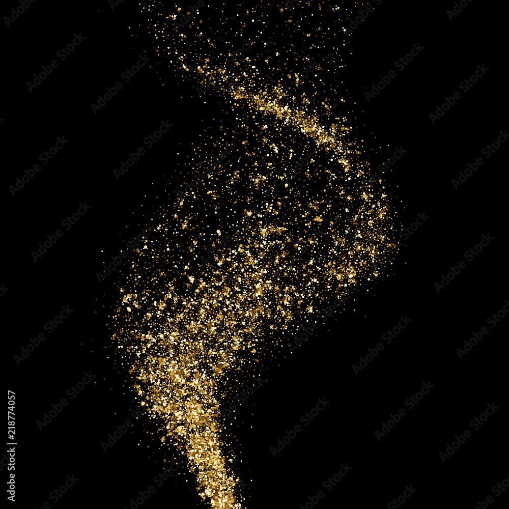 Golden glitter wave twist or sparkling particles mist or flame wave in space light. Vector abstract gold shine spiral twirl trace on black background - obrazy, fototapety, plakaty 