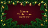 Fototapeta Do pokoju - Christmas background with fir branches and garland bulb lights Vector illustration