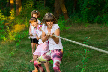 Wall Mural - Group of happy children playing tug of war outside on grass. Kids pulling rope at park. Summer camp fun