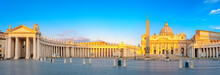 Panorama Of St. Peter's Square Illuminated By The First Rays Of The Morning Sun, The Vatican. Italy