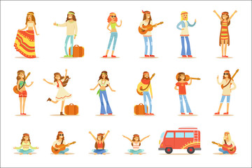 Sticker - Hippies Dressed In Classic Woodstock Sixties Hippy Subculture Clothes Travelling, Doing Spiritual Practices And Playing Music Collection