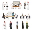 Arab businessman vector arabian business people handshaking to his business partner illustration set of arabic businesswoman working in office isolated on white background