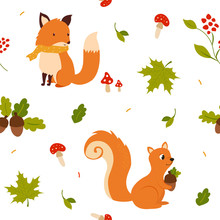 Lovely Seamless Pattern With Cute Fox And Squirrel