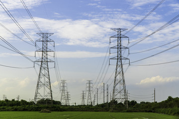 high voltage post.High-voltage tower sky background.