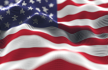 Abstract glowing particle wavy surface with the United States of America flag texture