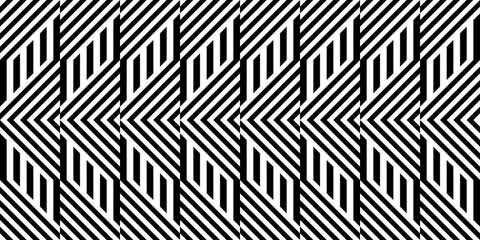 Wall Mural - Seamless pattern with striped black white straight lines and diagonal inclined lines (zigzag, chevron). Optical illusion effect, op art. Background for cloth, fabric, textile, tartan.