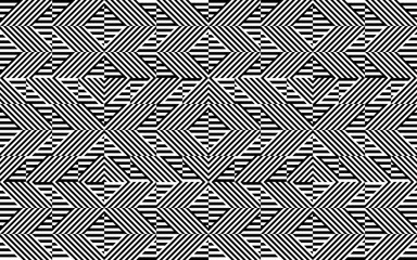 Wall Mural - Seamless pattern with striped black white straight lines and diagonal inclined lines (zigzag, chevron). Optical illusion effect, op art. Background for cloth, fabric, textile, tartan.