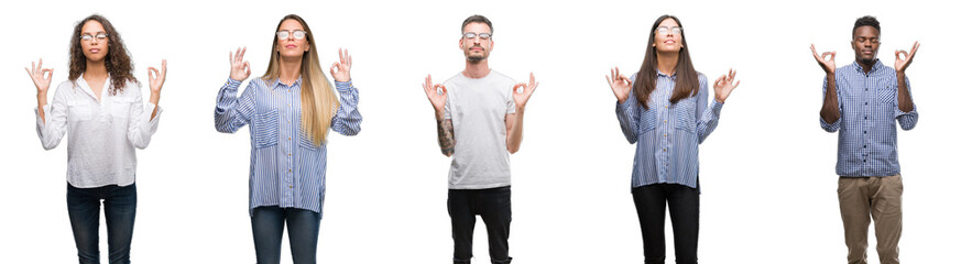 Poster - Group and team of young business people over isolated white background relax and smiling with eyes closed doing meditation gesture with fingers. Yoga concept.