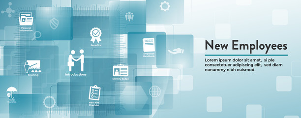 Wall Mural - New Employee Hiring Process icon set  with handbook, checklist, etc