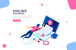 Exam or college research. Teaching infographic, tutorial online, courses, seminar or class. Desk of knowledge concept with characters and text. Flat isometric vector illustration