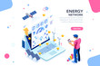© Aurielaki - Augmented reality connection and accounting of energy station. Future, futuristic chart of energy visualization on application, email or infographics. Infrastructure of network. Flat isometric design.