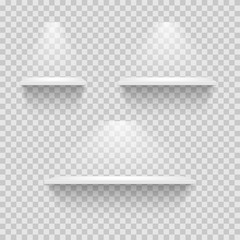 Set of empty white shelves isolated on transparent background. Vector design elements.