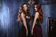 © cherry_d - Twins young women in evening dresses, fashion beauty portrait in dark interior