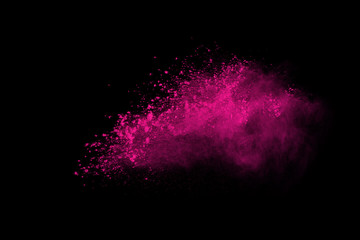 Wall Mural - Abstract pink powder explosion on black background. abstract colored powder splatted, Freeze motion of pink powder exploding.