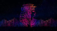 Abstract Ancient Egyptian Background, Cleopatra. Dark Background, Light Neon.