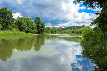 Wall Mural - A beautiful image of landscape from the center of the river, surrounded by trees and reeds on the shore and distant horizon against the blue sky in clouds. Reflection, water, tourist destination