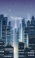 Wall Mural - Night city, city scene, skyscrapers, towers, starry sky, lights, horizon, perspective, background, vector, isolated