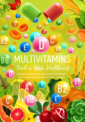 Wall Mural - Multivitamins and minerals in vegetables, fruits