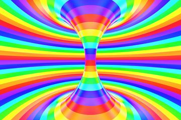 Wall Mural - Rainbow funny spiral tunnel. Striped twisted cheerful optical illusion. Abstract background. 3D render.