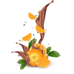 Wall Mural - Chocolate splash with orange. Milk chocolate, cacao, coffee. 3d realistic orange slices ripe citrus isolated on white background for packaging or web design. Vector