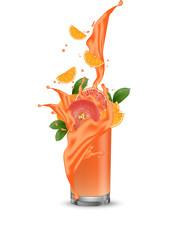 Wall Mural - Grapefruit splash illustration. Splashing juice in glass. Cocktail falling pink slices isolated on background. Orange. Advertisement banner. Product design. Vector