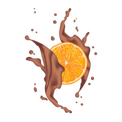 Wall Mural - Chocolate splash with orange. Milk chocolate, cacao. 3d realistic orange ripe citrus isolated on white background for packaging or web design. Vector