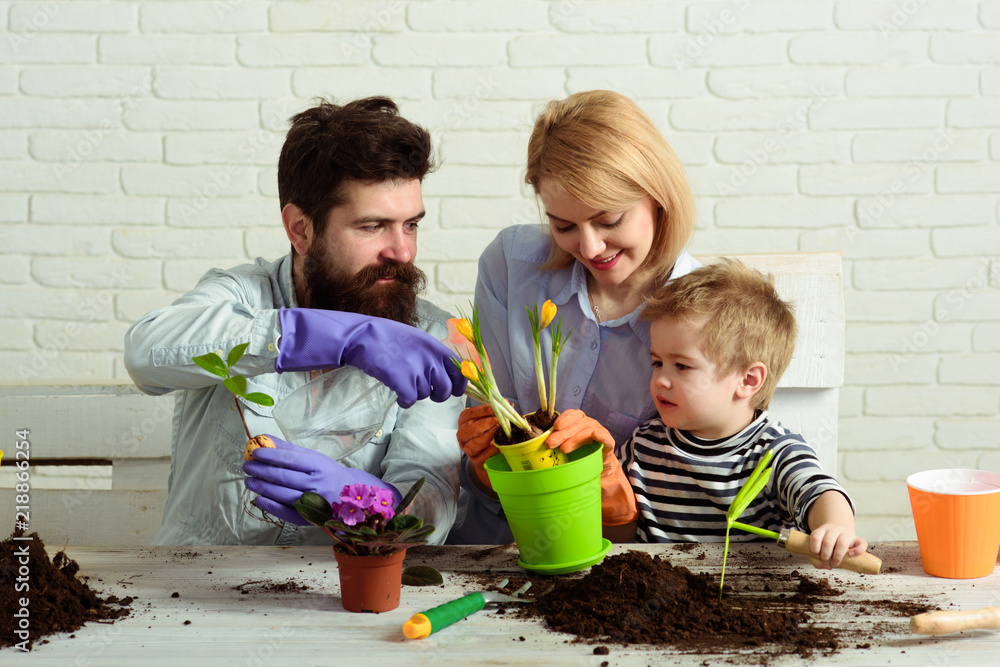 Flower ground. Work for whole family. Child with parents cares for plants  together. Mom, dad and