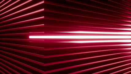 Wall Mural - geometric background made of many metal shelves with glowing light behind. abstract industrial struc