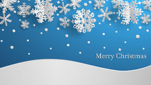 Christmas Illustration With White Three-dimensional Paper Snowflakes On Light Blue Background