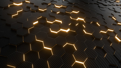 Wall Mural - abstract hexagonal geometric background. structure of lots of hexagons of carbon fiber with bright e