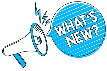 Word writing text What s is New question. Business concept for Asking about latest Updates Trends Happening News Megaphone loudspeaker blue speech bubble stripes important loud message.