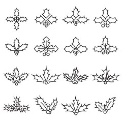 Wall Mural - holly berry icons. collection of linear christmas symbols isolated on a white background. vector ill