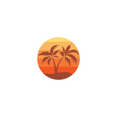 Canvas Print - palm tree logo on the island, design of two palm trees on the beach at dusk