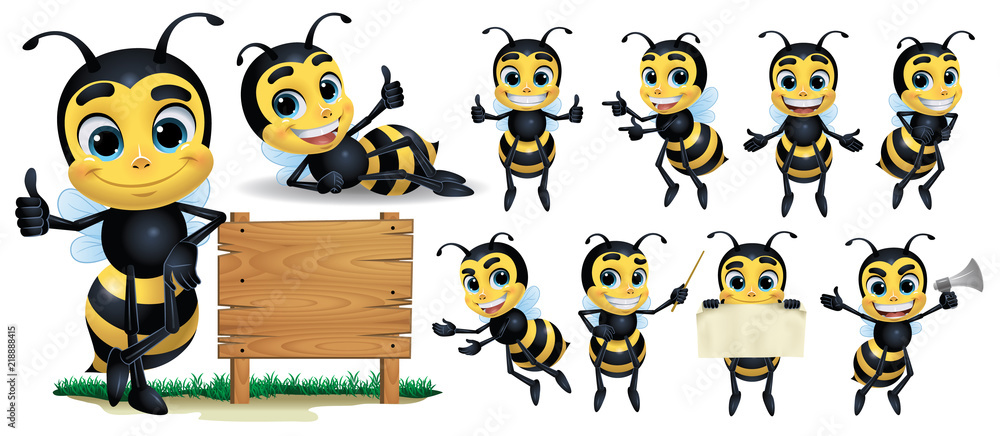 Bee cartoon Character with 10 poses_Vector Illustration EPS 10 - obrazy, fototapety, plakaty 