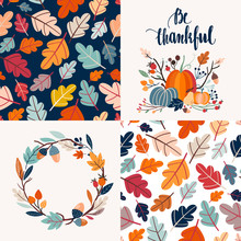 Autumnal Collection Of Cards With Decorative Seamless Pattern And Hand Lettering