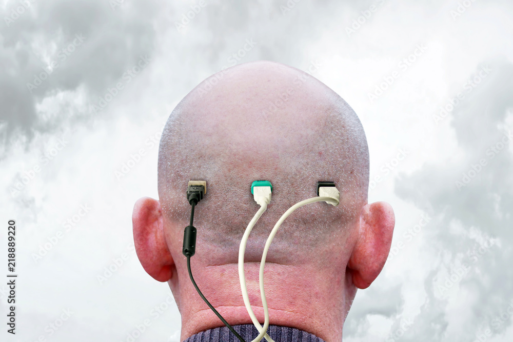 Shaved male nape and a lot of usb cables connected to it. Concept of dependence in thinking and information