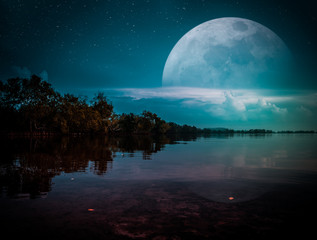Wall Mural - Photo Manipulation. Landscape of night sky with many stars. cinematic teal
