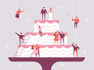 Groom, bride and people celebrating on a huge wedding cake. flat design style vector graphic illustration set