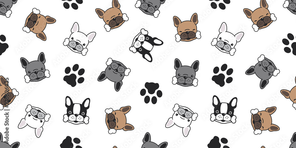 Dog seamless pattern vector french bulldog pug dog paw cartoon isolated ...