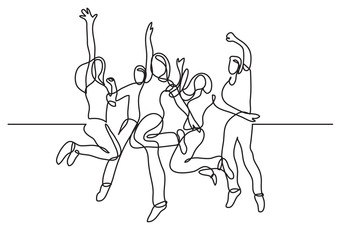 Wall Mural - continuous line drawing of happy teenagers jumping