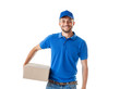 © GVS - Happy young delivery man in blue uniform standing with parcel post box